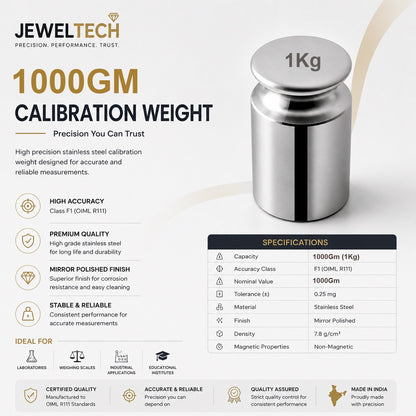JewelTech 1Kg Stainless Steel Calibration Weight | Class F1 OIML R111 | Mirror Polished | Non-Magnetic | 1000Gm Standard Weight for Lab, Industrial & Commercial Weighing Scales