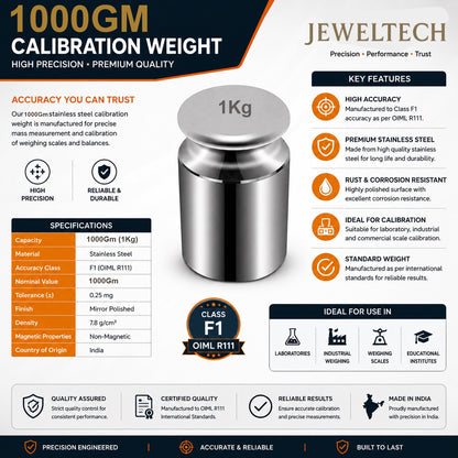 JewelTech 1Kg Stainless Steel Calibration Weight | Class F1 OIML R111 | Mirror Polished | Non-Magnetic | 1000Gm Standard Weight for Lab, Industrial & Commercial Weighing Scales