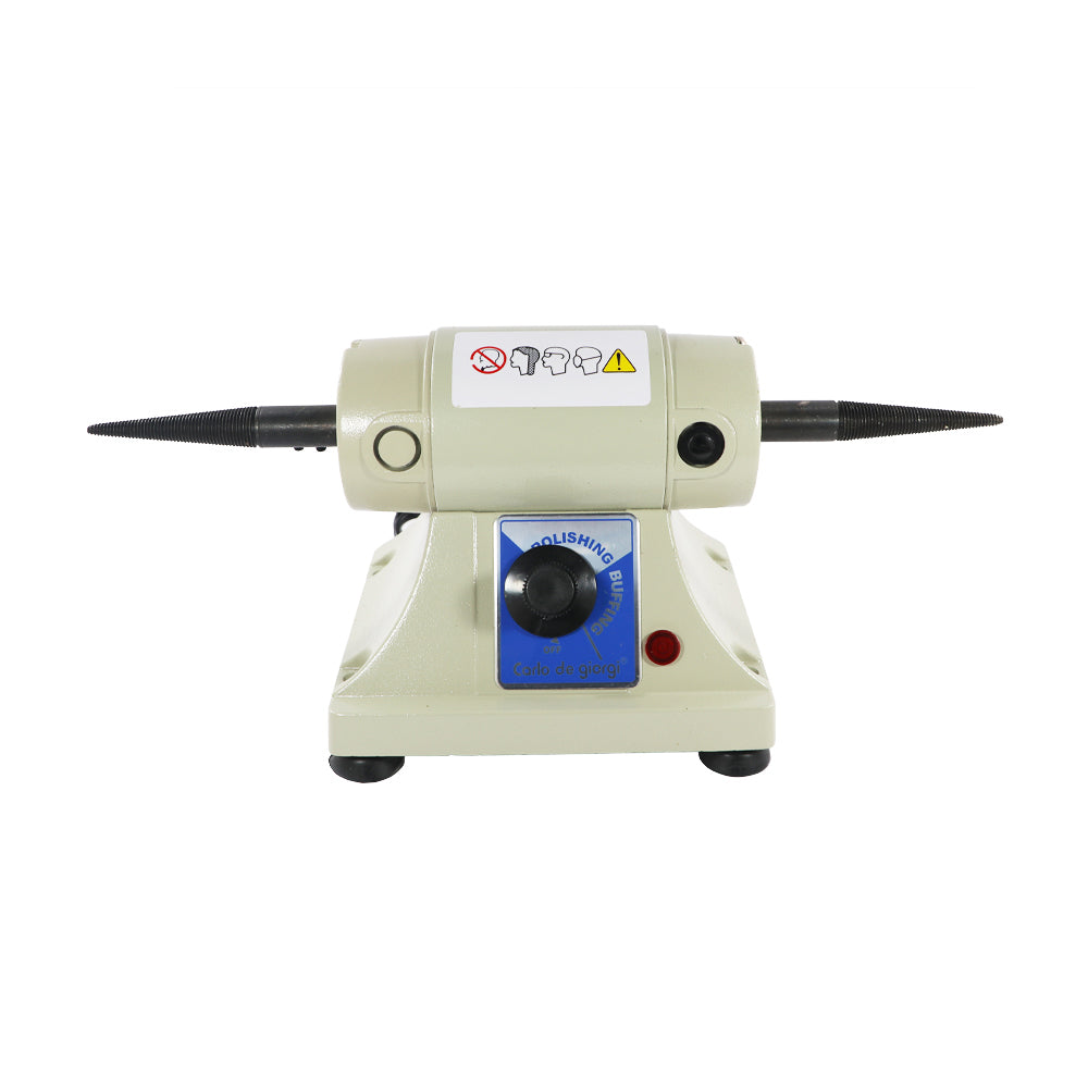 Compact benchtop jewelry polishing and buffing machine with dual tapered spindles for gold and silver finishing work.