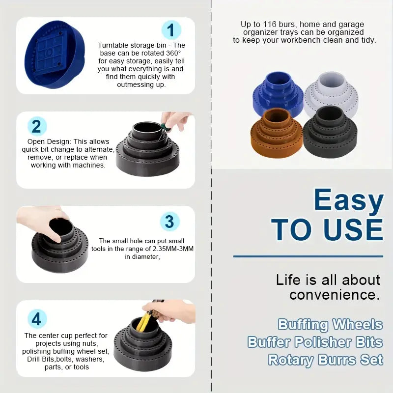 Easy to use rotating drill bit storage stand – 116 holes with 360-degree base for jewelry tools and workshop accessories