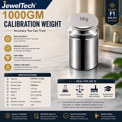 JewelTech 1Kg Stainless Steel Calibration Weight | Class F1 OIML R111 | Mirror Polished | Non-Magnetic | 1000Gm Standard Weight for Lab, Industrial & Commercial Weighing Scales