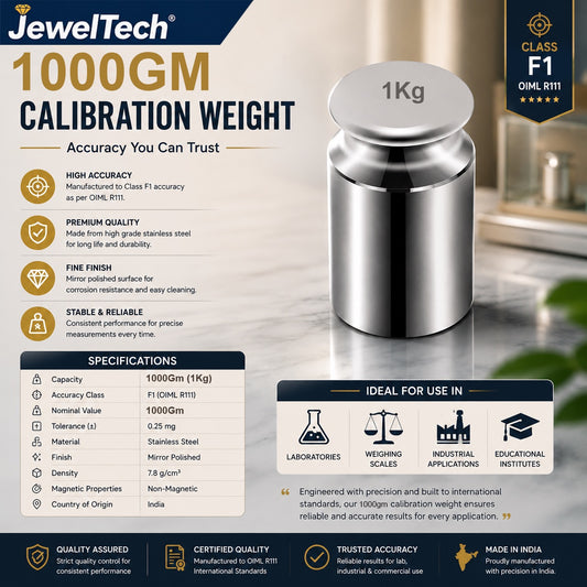 JewelTech 1Kg Stainless Steel Calibration Weight | Class F1 OIML R111 | Mirror Polished | Non-Magnetic | 1000Gm Standard Weight for Lab, Industrial & Commercial Weighing Scales