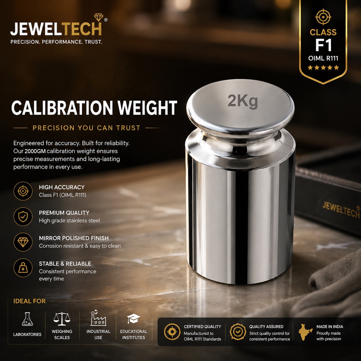 JewelTech 2Kg (2000GM) F1 Calibration Weight – OIML R111 Stainless Steel Precision Test Weight for Weighing Scale Calibration