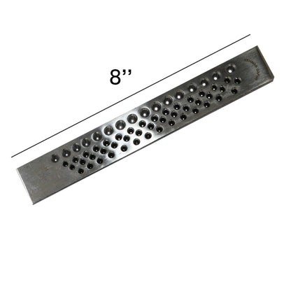 Surya 8-inch wire drawplate for gold and silver jewelry, showing front with multiple hole sizes for thick wire drawing