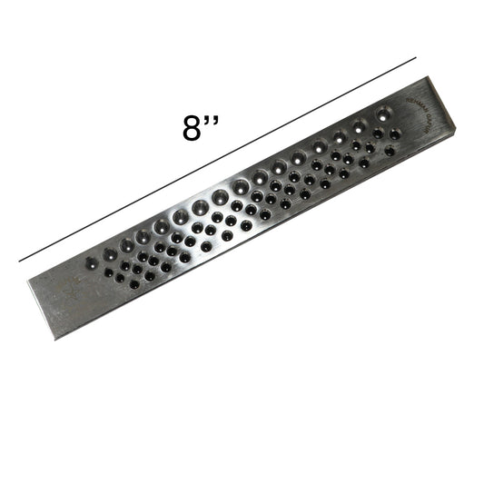 Surya 8-inch wire drawplate for gold and silver jewelry, showing front with multiple hole sizes for thick wire drawing