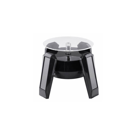 Black solar-powered rotating display stand with clear turntable for jewelry, watches, and product showcasing.