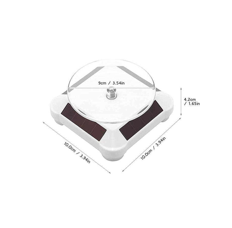 White solar-powered rotating display stand with 9 cm turntable for showcasing jewelry, watches, and small products
