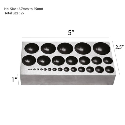 Steel doming block with 2.7mm to 25mm hole sizes, 5 x 2.5 x 1 inch dimensions for jewelry metal shaping