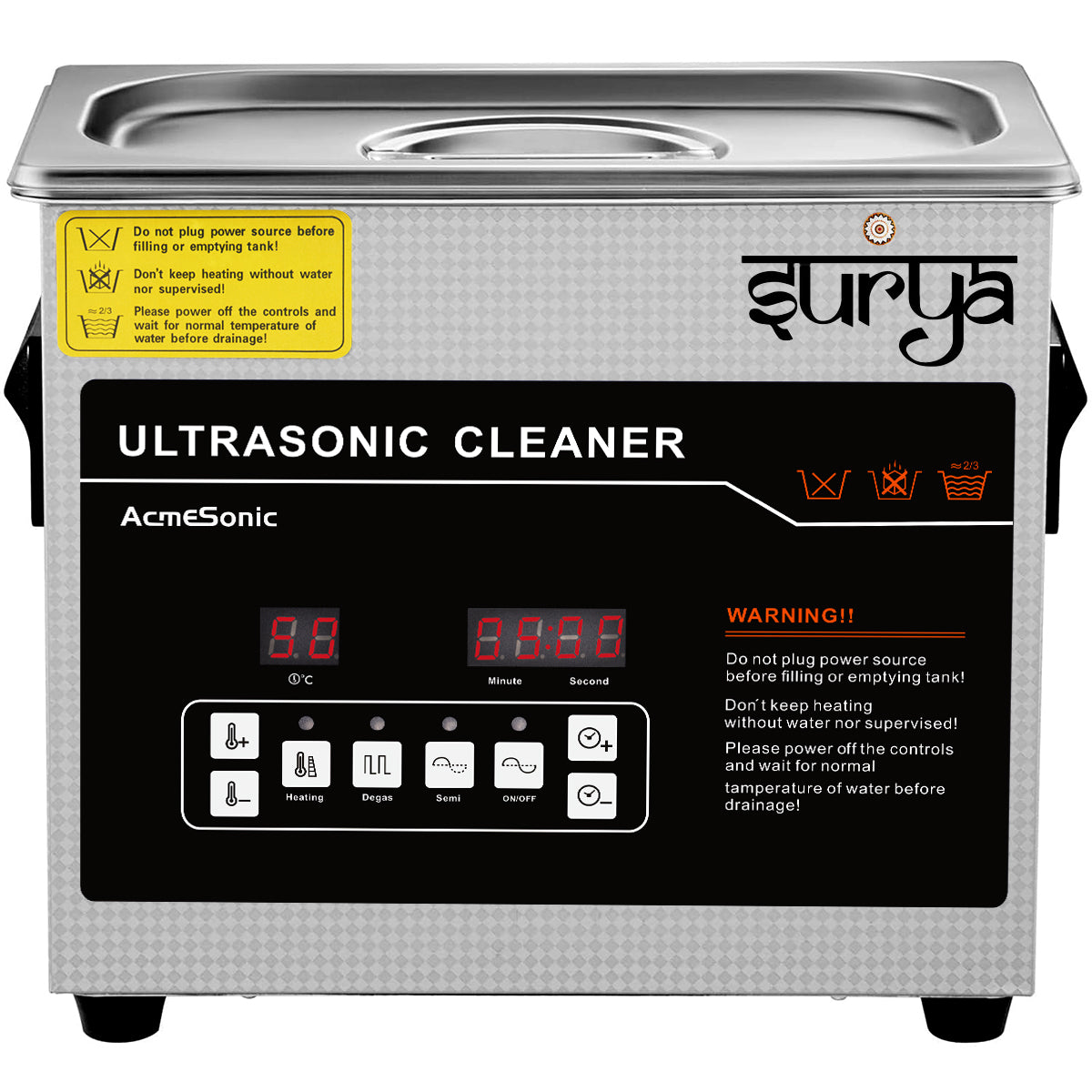 Front-facing view of Surya ultrasonic cleaner with digital panel, heating controls, and stainless steel lid for cleaning.
