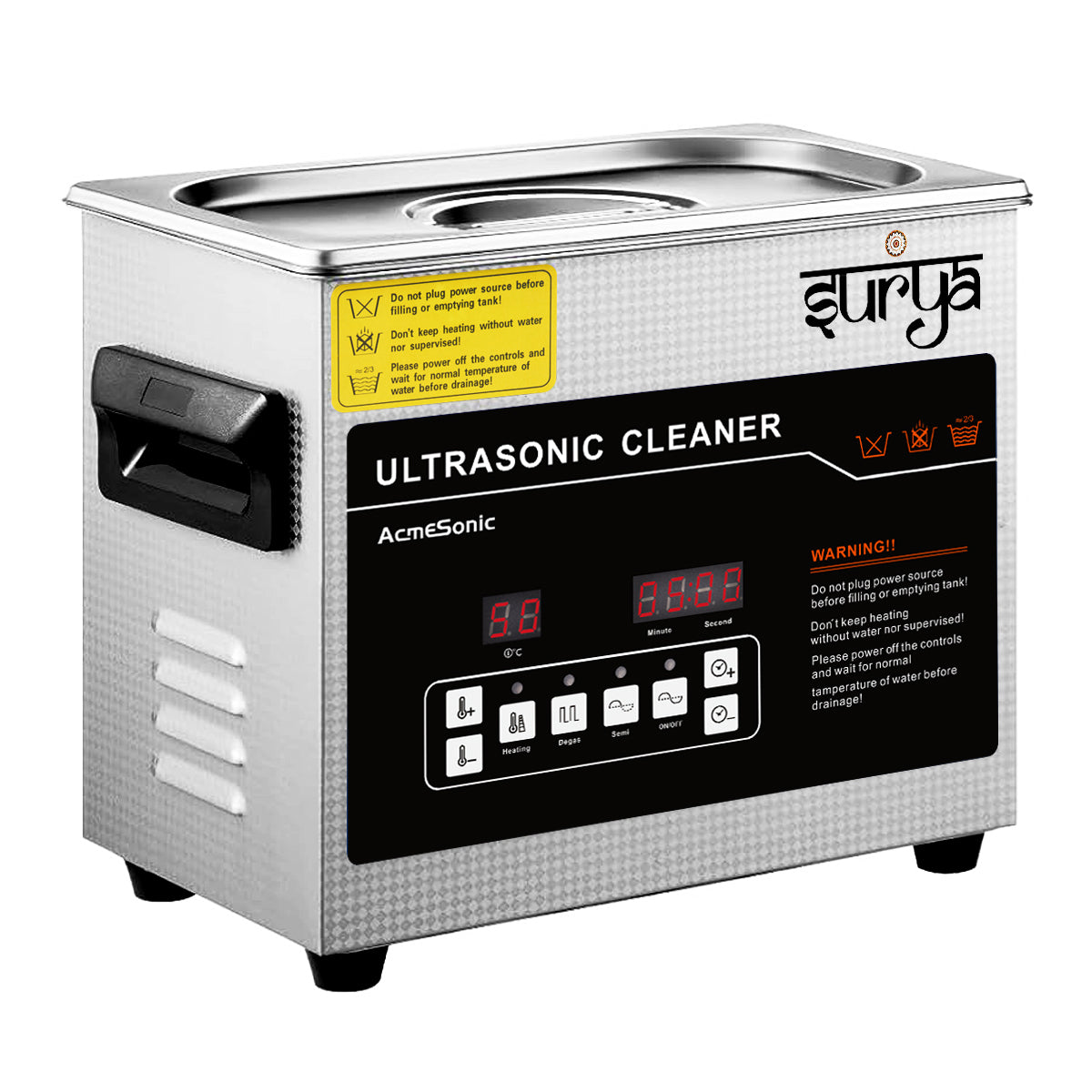 Durable stainless steel ultrasonic cleaning machine by Surya for industrial, dental, optical, and jewelry applications.