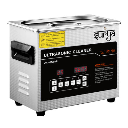 Durable stainless steel ultrasonic cleaning machine by Surya for industrial, dental, optical, and jewelry applications.