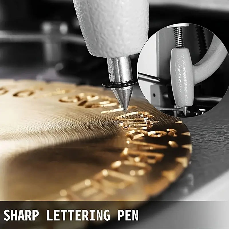Sharp lettering pen in action on a metallic surface with close-up inset.