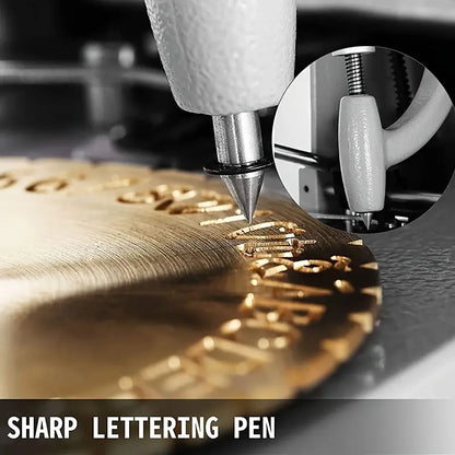 Sharp lettering pen in action on a metallic surface with close-up inset.