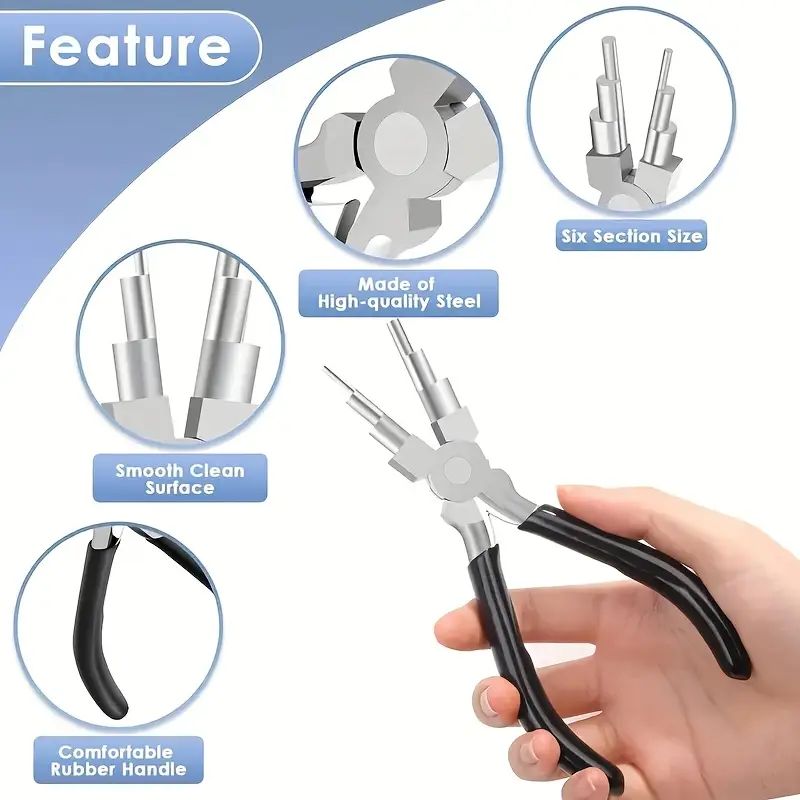 Feature breakdown of multi-step bail pliers for wire shaping with black handles
