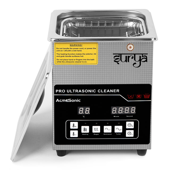 "Surya 2L ultrasonic cleaner with digital display, timer, heater for jewelry, medical, dental, PCB, and diesel parts cleaning"

