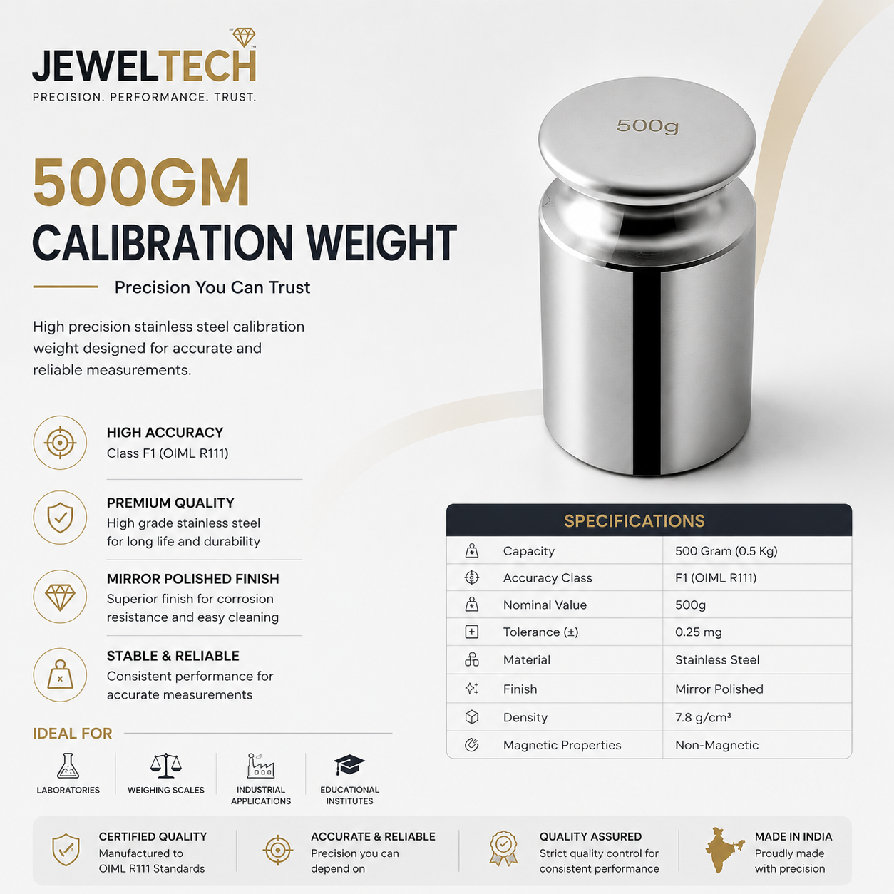 Jeweltech 500GM Stainless Steel Calibration Weight – Class F1 OIML R111 Precision Weight | Mirror Polished | High Accuracy Standard Weight for Weighing Scales & Laboratories
