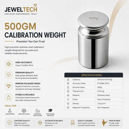 Jeweltech 500GM Stainless Steel Calibration Weight – Class F1 OIML R111 Precision Weight | Mirror Polished | High Accuracy Standard Weight for Weighing Scales & Laboratories