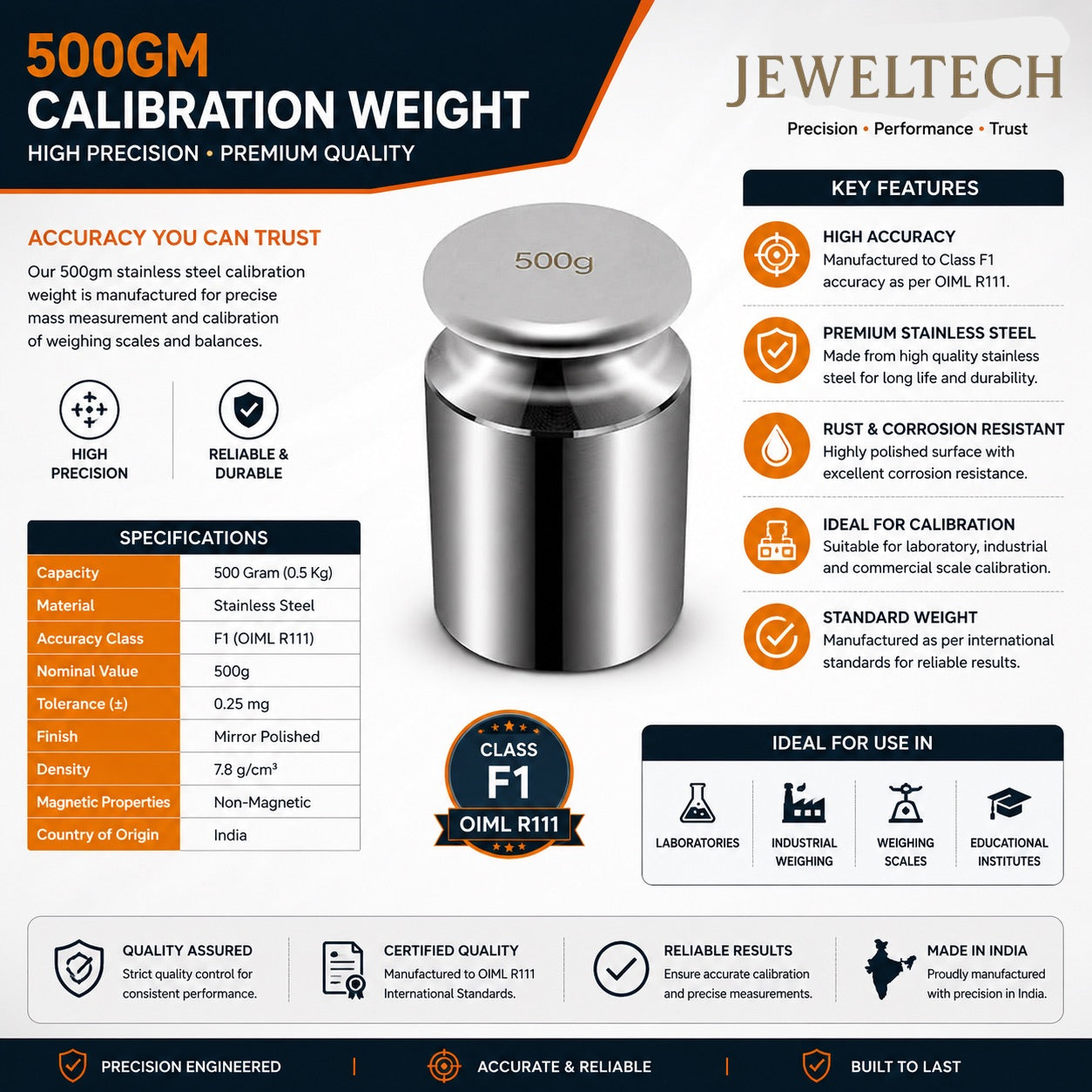 Jeweltech 500GM Stainless Steel Calibration Weight – Class F1 OIML R111 Precision Weight | Mirror Polished | High Accuracy Standard Weight for Weighing Scales & Laboratories