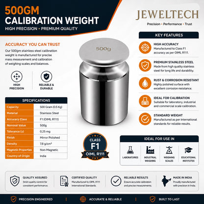 Jeweltech 500GM Stainless Steel Calibration Weight – Class F1 OIML R111 Precision Weight | Mirror Polished | High Accuracy Standard Weight for Weighing Scales & Laboratories