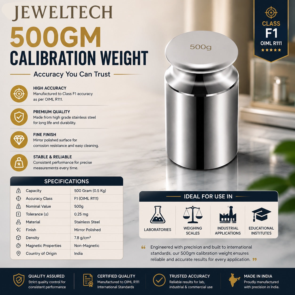 Jeweltech 500GM Stainless Steel Calibration Weight – Class F1 OIML R111 Precision Weight | Mirror Polished | High Accuracy Standard Weight for Weighing Scales & Laboratories