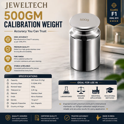 Jeweltech 500GM Stainless Steel Calibration Weight – Class F1 OIML R111 Precision Weight | Mirror Polished | High Accuracy Standard Weight for Weighing Scales & Laboratories