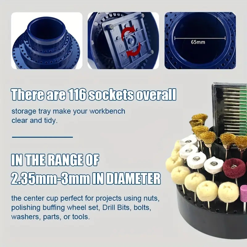 Drill bit organizer with 116 sockets for burs, polishing wheels, and rotary tool accessories