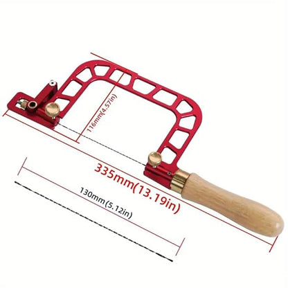 Red coping saw frame with wooden handle and blade for fine cutting