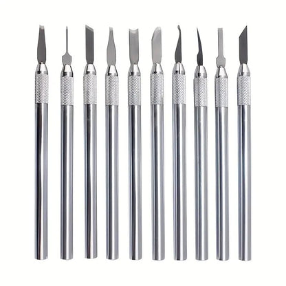 Set of 10 JEWELTECH jewelry carving knives with stainless steel blades.