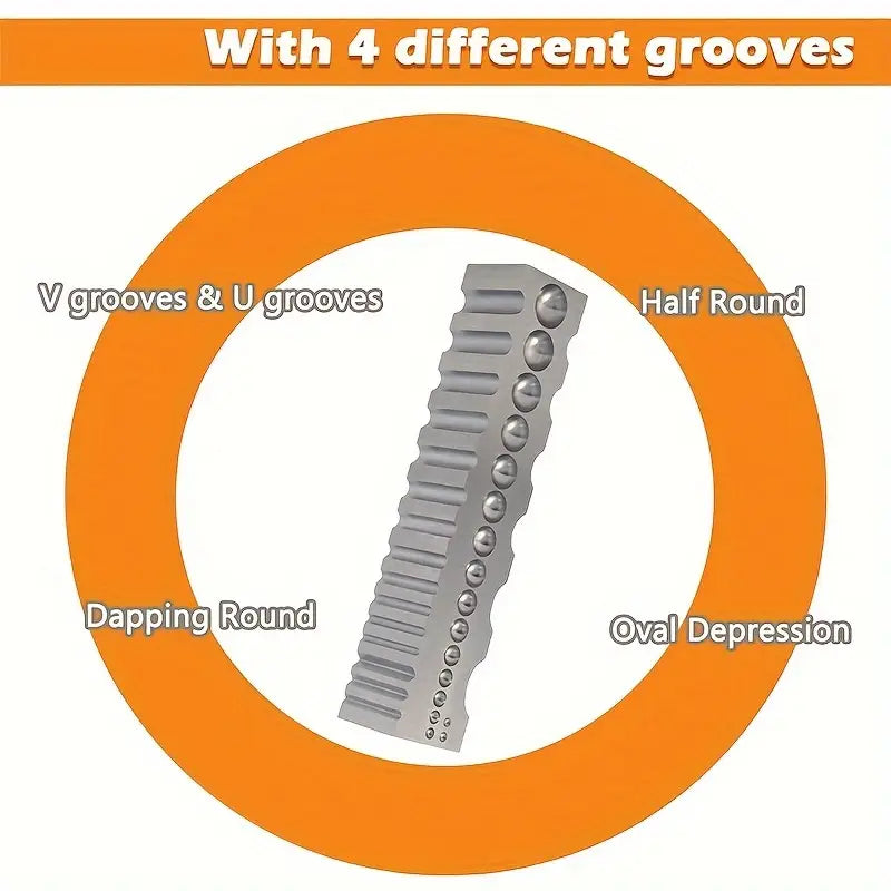 Steel doming block tool with curved grooves and dapping cavities for jewelry ring forming and shaping work