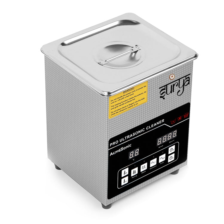 "Surya 2L ultrasonic cleaner with digital display, timer, heater for jewelry, medical, dental, PCB, and diesel parts cleaning"

