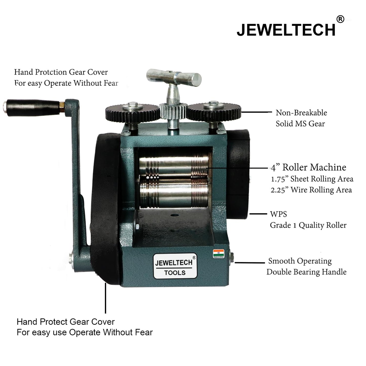 Jeweltech 4 inch Rolling Mill Machine with hand protection gear cover, double bearing handle, and solid MS gears