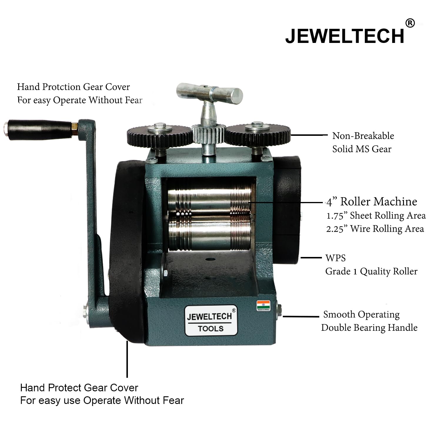 Jeweltech 4 inch Rolling Mill Machine with hand protection gear cover, double bearing handle, and solid MS gears