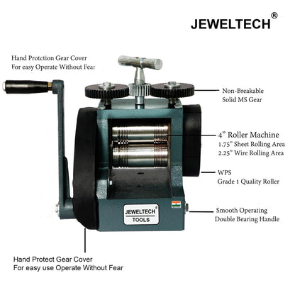 Jeweltech 4 inch Rolling Mill Machine with hand protection gear cover, double bearing handle, and solid MS gears