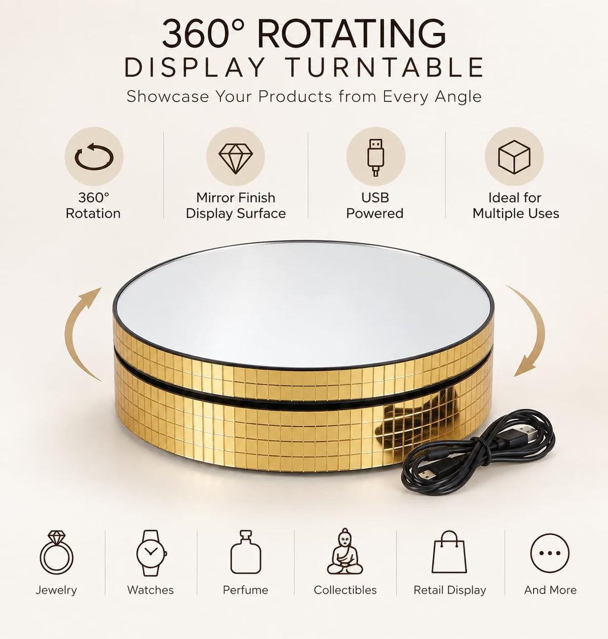 JEWELTECH Rotating Display Stand with Mirror Top  360° | USB Powered Jewellery & Product Display Turntable