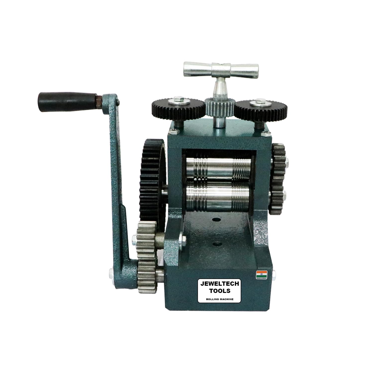 Side view of Jeweltech 4 Inch Rolling Mill Machine with manual handle for jewellery making

