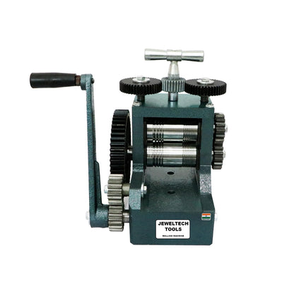 Side view of Jeweltech 4 Inch Rolling Mill Machine with manual handle for jewellery making
