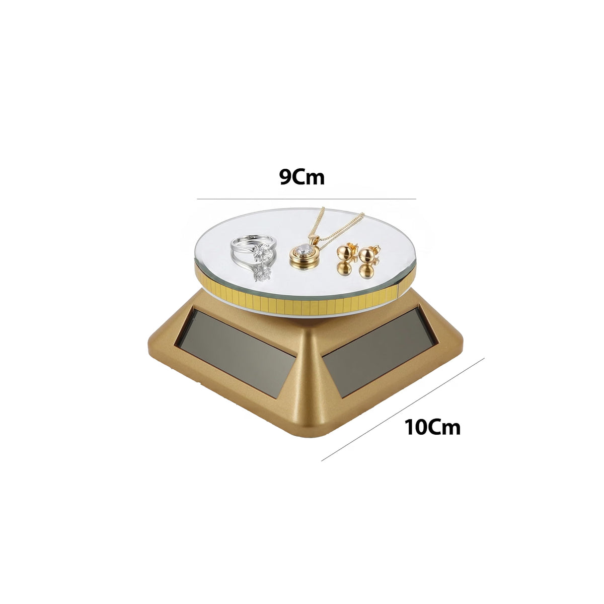 JEWELTECH Solar Powered 360° Rotating Display Stand for Jewellery | 9cm Mirror Turntable