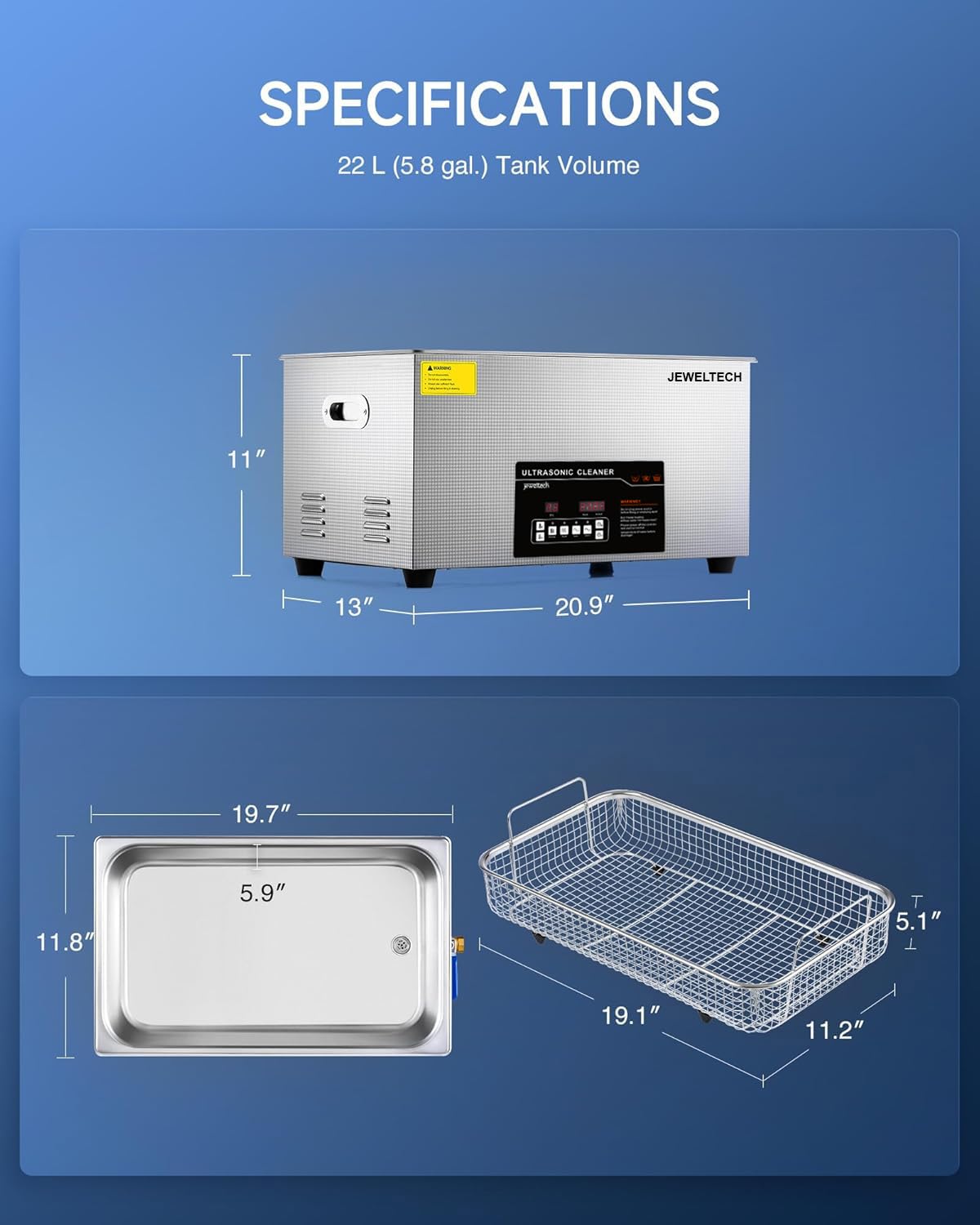 Specifications of 22L Ultrasonic Cleaning Tank and Basket