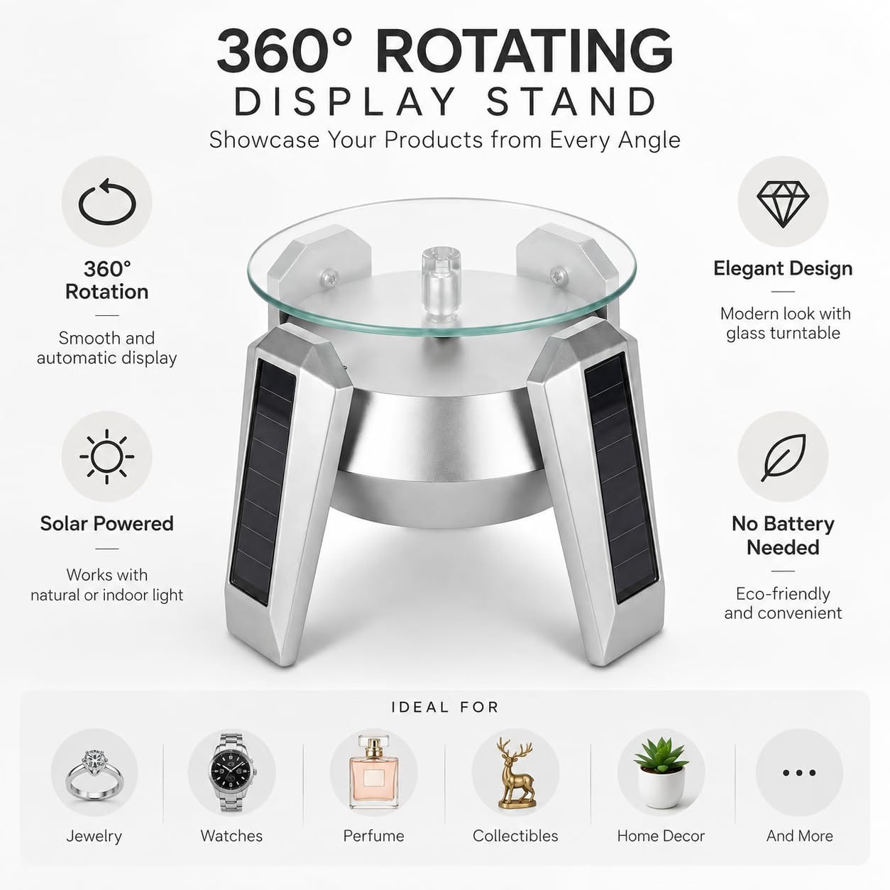 Solar Powered 360° Rotating Display Stand with Glass Turntable for Jewellery, Watches & More