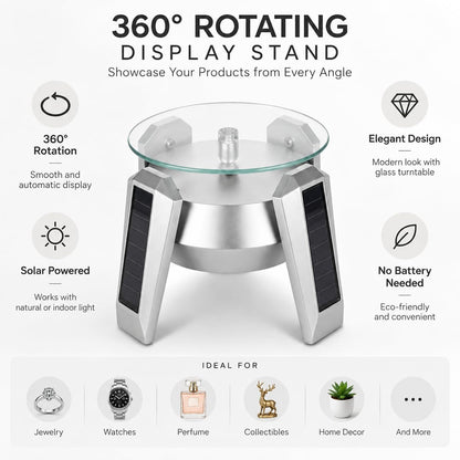 Solar Powered 360° Rotating Display Stand with Glass Turntable for Jewellery, Watches & More