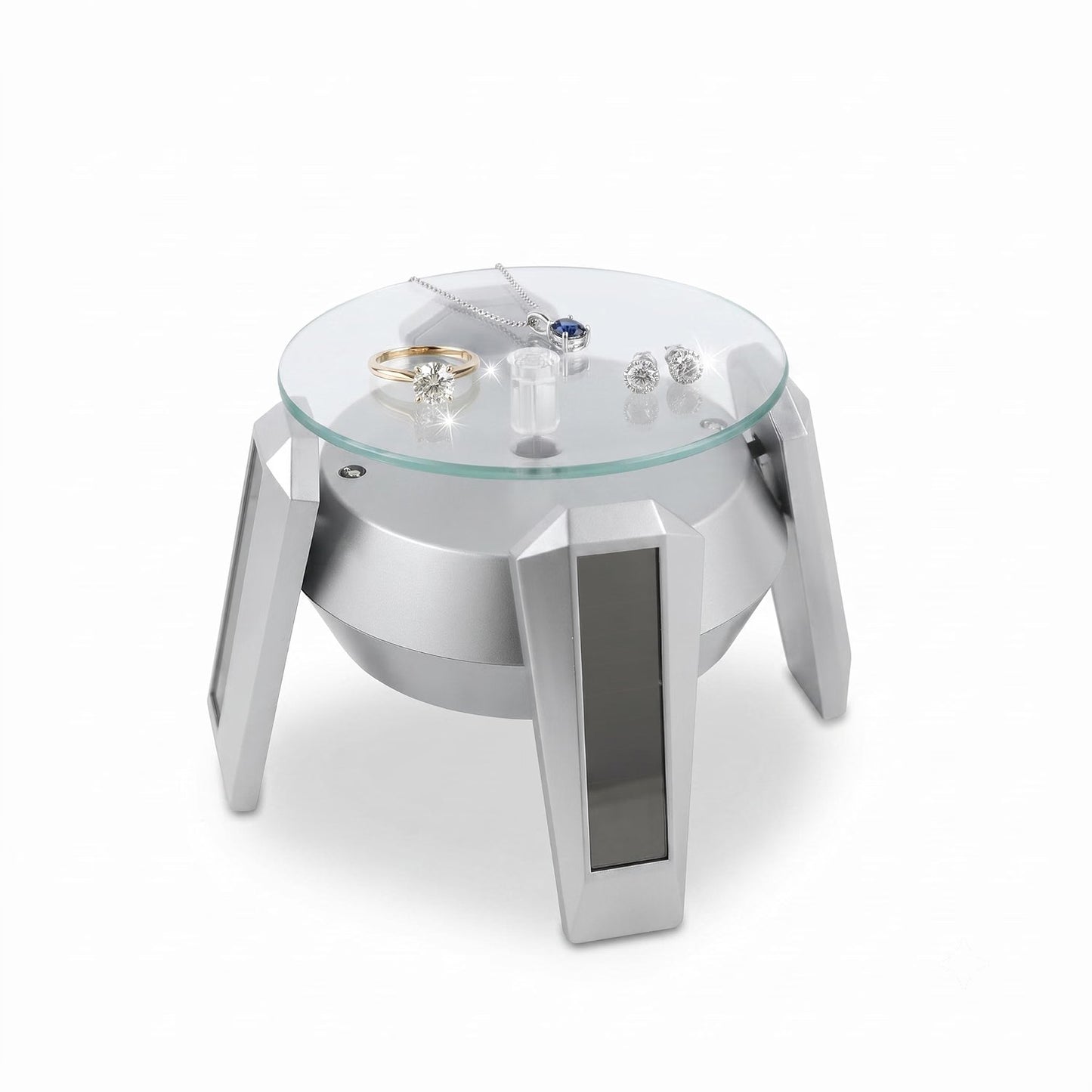 Solar Powered 360° Rotating Display Stand with Glass Turntable for Jewellery, Watches & More
