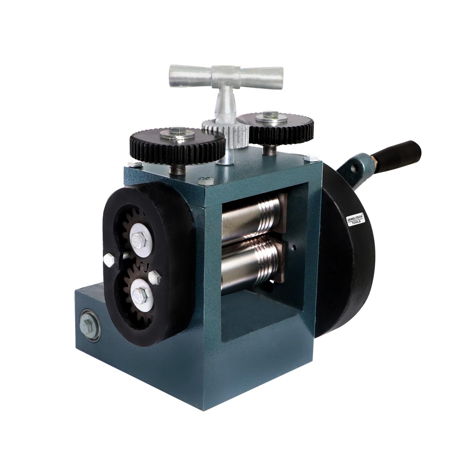 Side view of Jeweltech 4 inch Jewellery Rolling Mill Machine showing solid MS gears and rollers