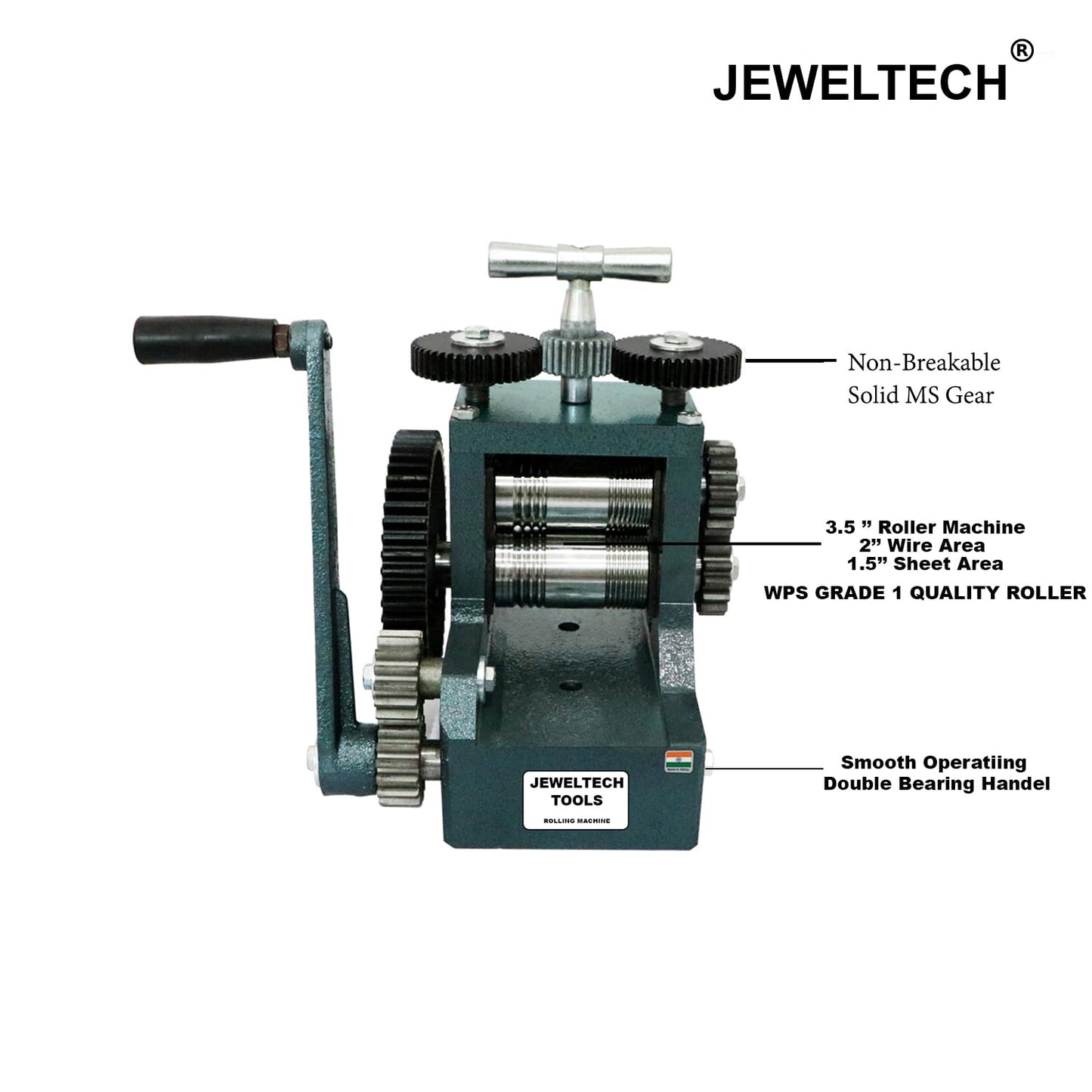 Detailed labelled Jeweltech 3.5 Inch Rolling Mill Machine with MS gears and double bearing handle