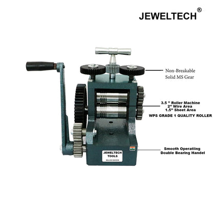 Detailed labelled Jeweltech 3.5 Inch Rolling Mill Machine with MS gears and double bearing handle