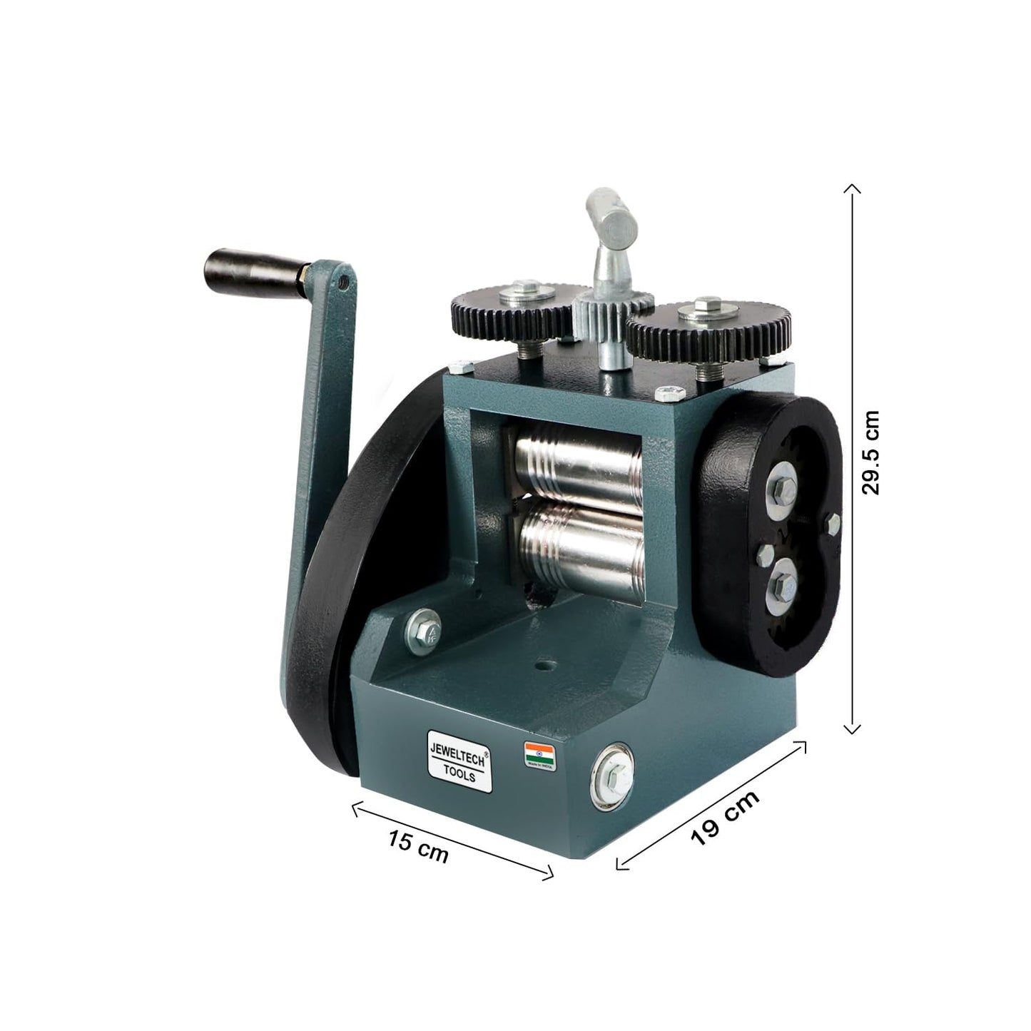 Jeweltech 4 inch Rolling Mill Machine with protective gear cover and size dimensions 15 x 19 x 29.5 cm