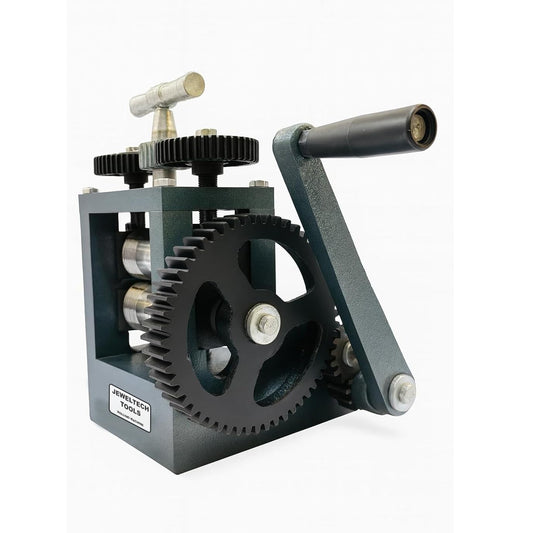 Close up of Jeweltech 4 Inch Rolling Mill Machine showing gears and rollers for jewellery sheet work