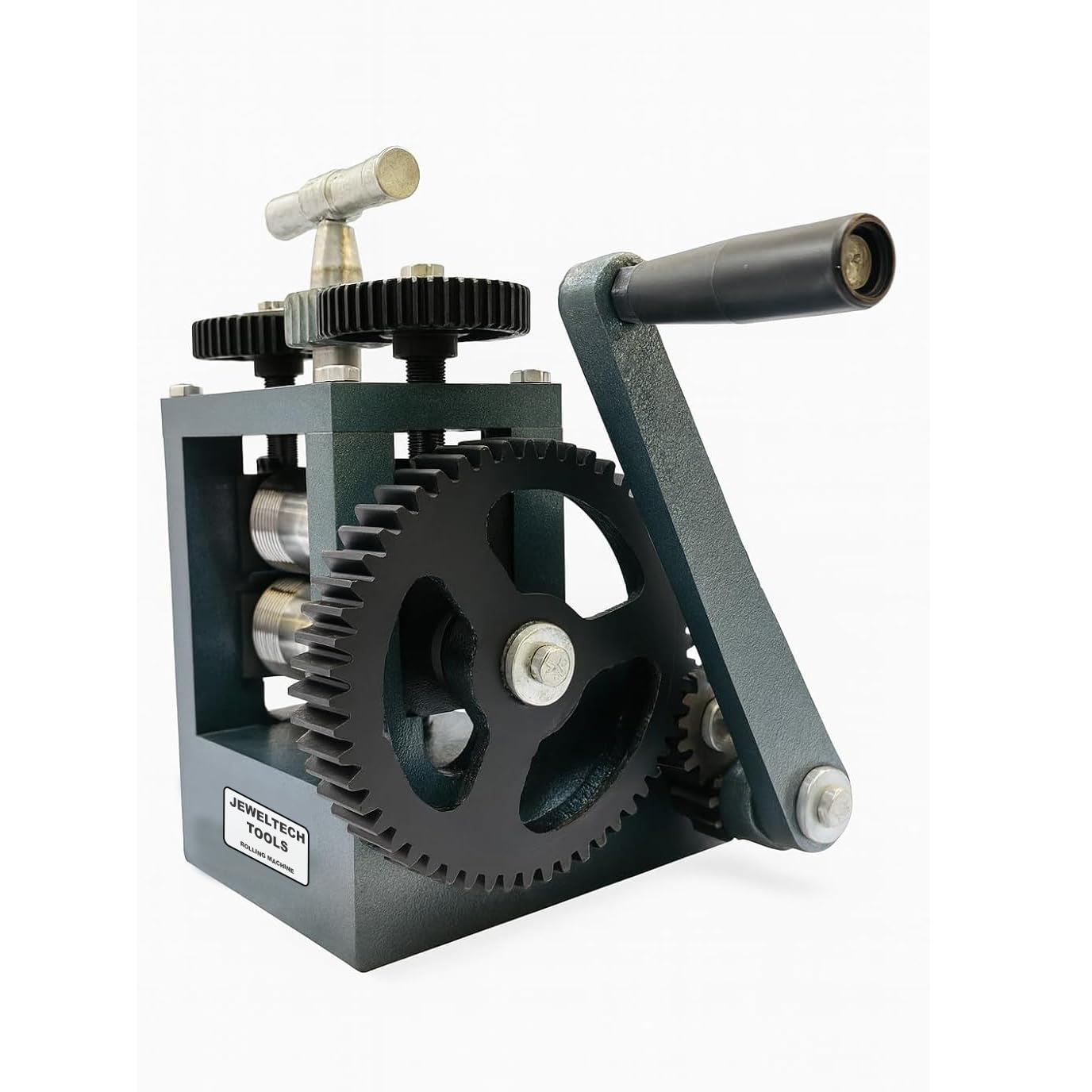 Angled view of Jeweltech 3.5 Inch Rolling Mill Machine showing gears and rollers for jewellery work