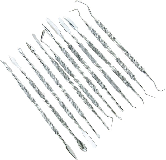 Set of 12 Jeweltech stainless steel double-ended wax carving tools with knurled handles for jewelry, wax, clay, and hobby crafts


