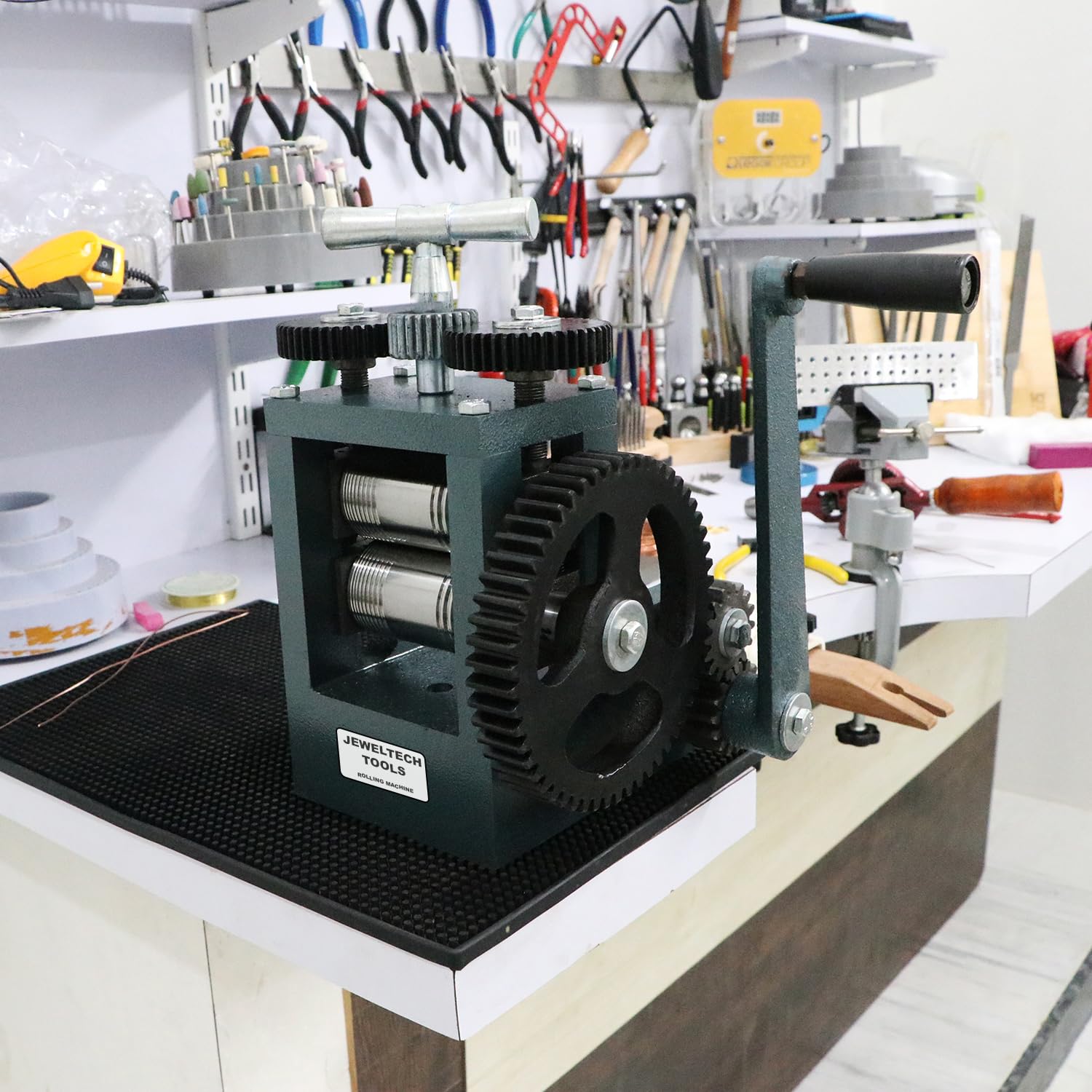 Jewellery workshop setup with Jeweltech 4 Inch Rolling Mill Machine for gold and silver sheet rolling