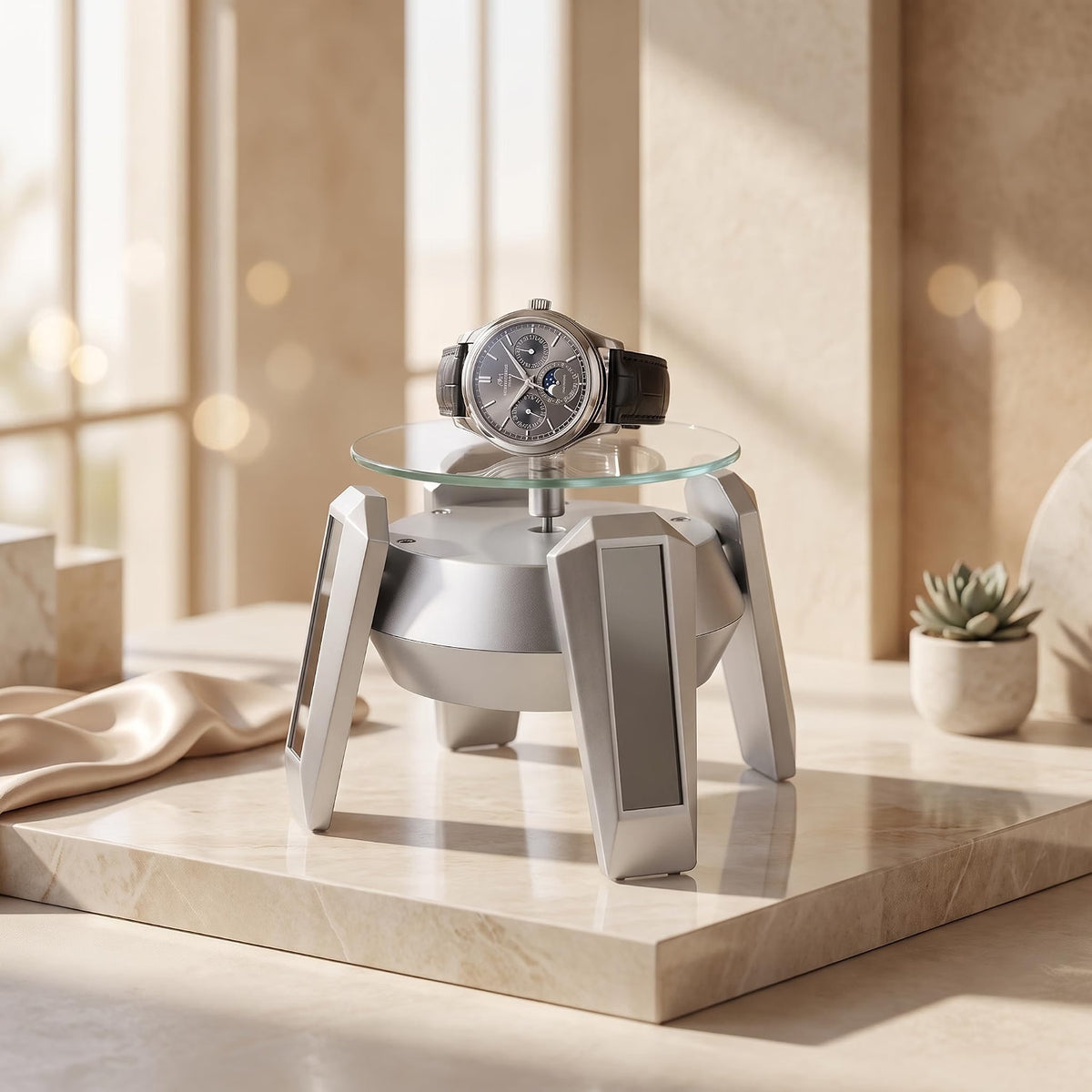 Solar Powered 360° Rotating Display Stand with Glass Turntable for Jewellery, Watches & More